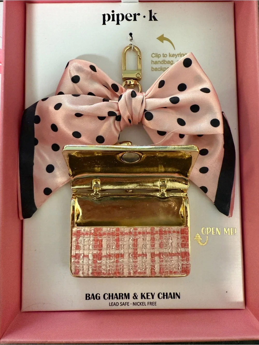 Piper K Pink Polka Dot Bow and Purse Bag Charm